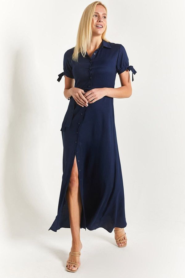 armonika armonika Women's Navy Blue Tied Sleeve Belted Waist Shirt Dress