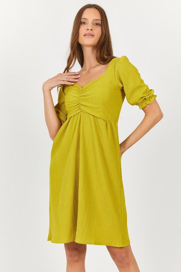 armonika armonika Women's Oil Green Midi Length Dress with Pleated Front and Elasticated Sleeves