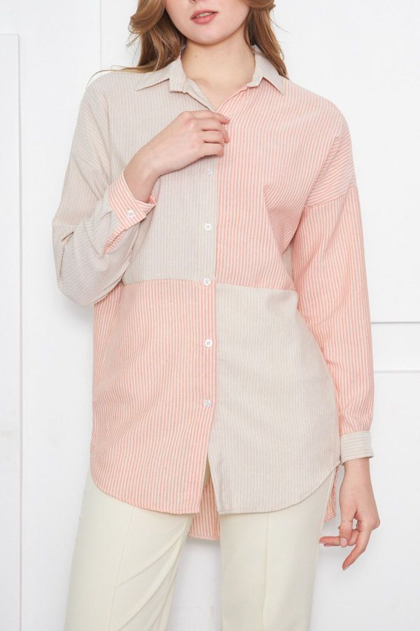 armonika armonika Women's Orange Striped Two Color Long Sleeve Loose Shirt