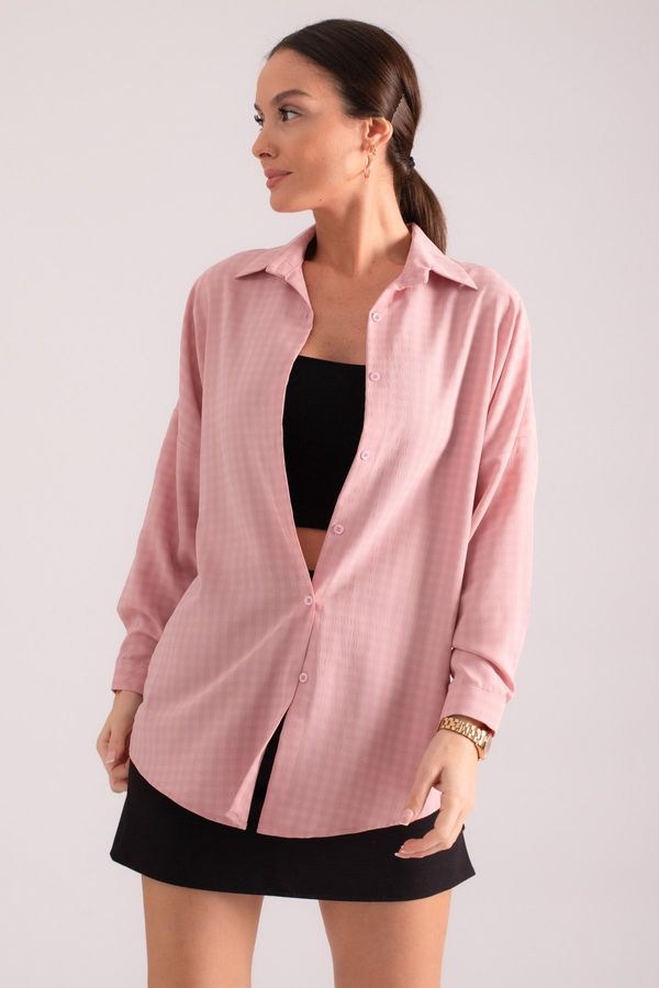 armonika armonika Women's Pale Pink Square Pattern Oversize Long Basic Shirt