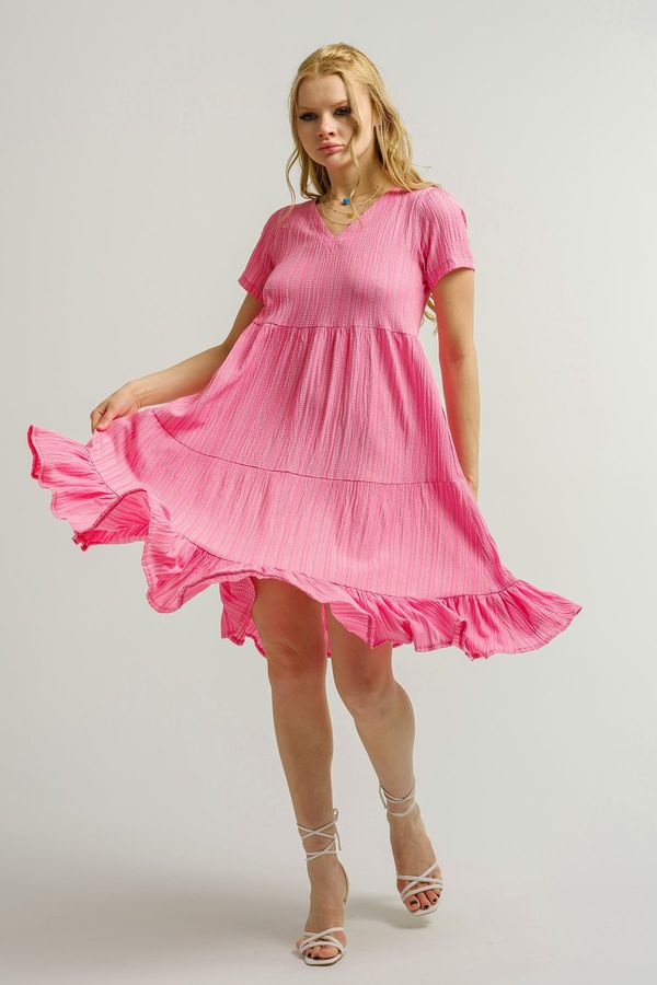 armonika armonika Women's Pink V-Neck Gathered Short Sleeve Frilly Dress
