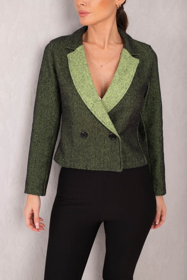 armonika armonika Women's Pistachio Green Double Breasted Collar Two Color Stitched Crop Jacket