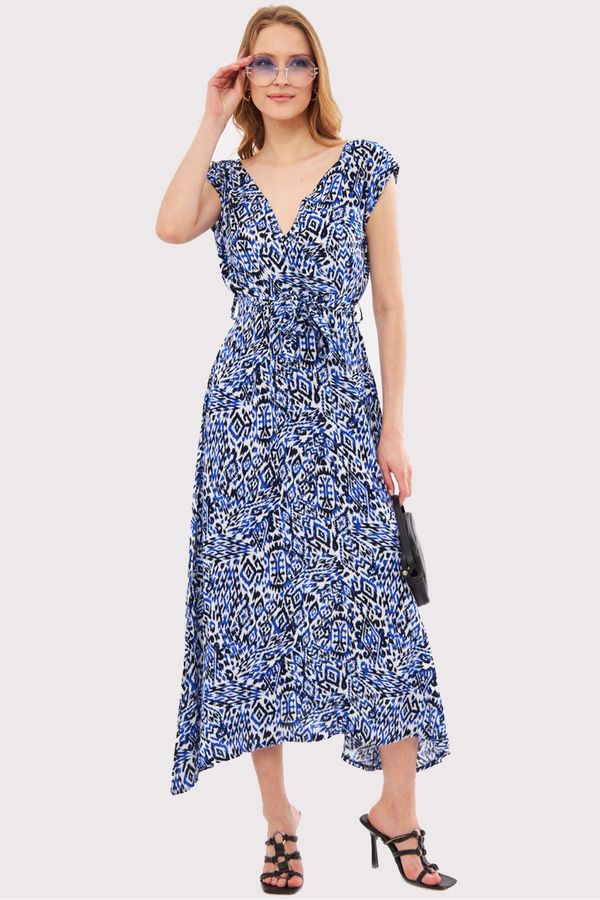 armonika armonika Women's Saks Efta Dress Back And Front Side Double Breasted Belted Patterned Midi Length