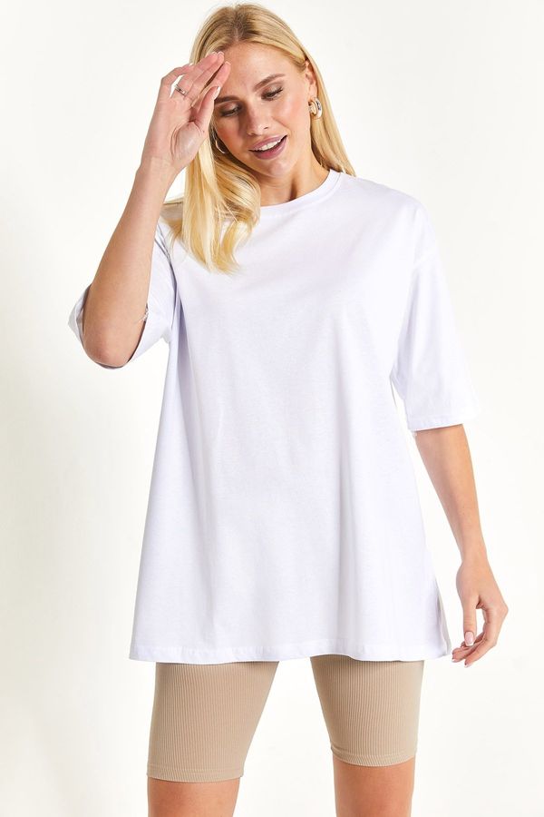 armonika armonika Women's White Round Neck Oversize T-shirt