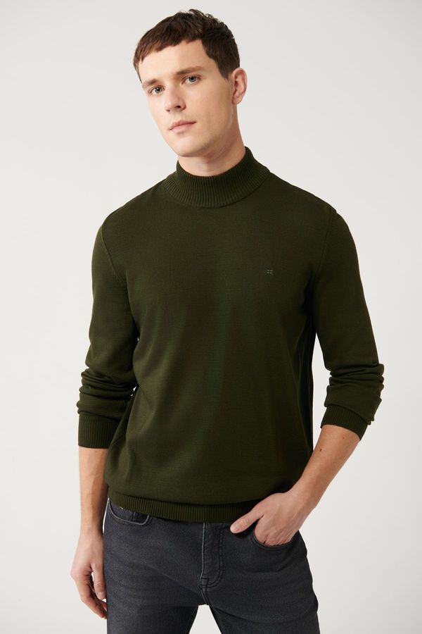 Avva Avva Dark Khaki Unisex Knitwear Sweater Half Turtleneck Non-Pilling Regular Fit