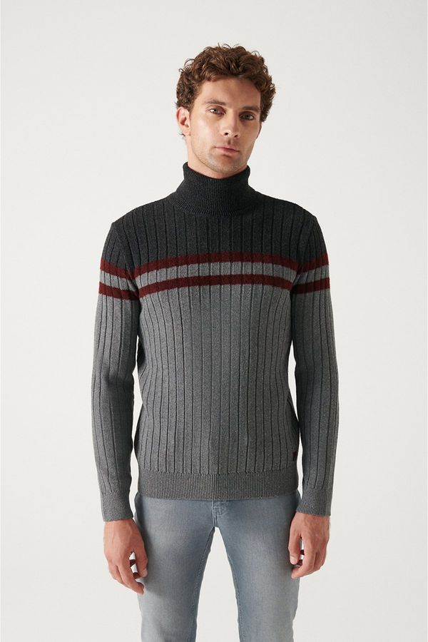 Avva Avva Men's Anthracite Full Turtleneck Block Colored Standard Fit Normal Cut Woolen Sweater