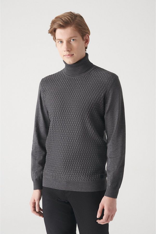 Avva Avva Men's Anthracite Full Turtleneck Front Textured Cotton Standard Fit Regular Cut Knitwear Sweater