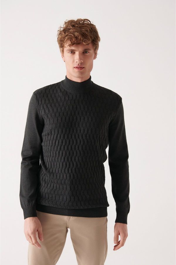 Avva Avva Men's Anthracite Knitwear Sweater Half Turtleneck Front Textured Cotton Regular Fit
