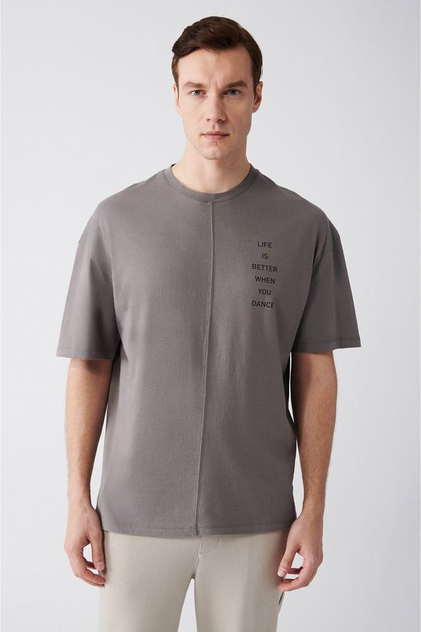 Avva Avva Men's Anthracite Oversize 100% Cotton Crew Neck Motto Printed T-shirt