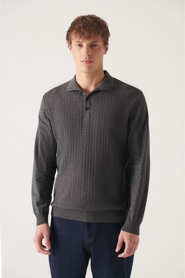 Avva Avva Men's Anthracite Polo Neck Herringbone Patterned Cotton Standard Fit Regular Cut Knitwear Sweater