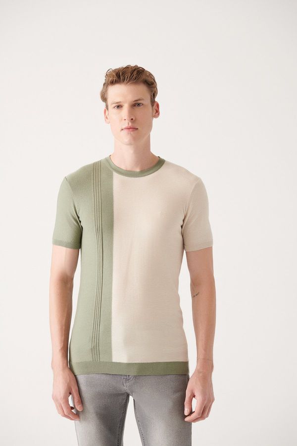 Avva Avva Men's Aqua Green Crew Neck Color Block Ribbed Regular Fit Knitwear T-shirt