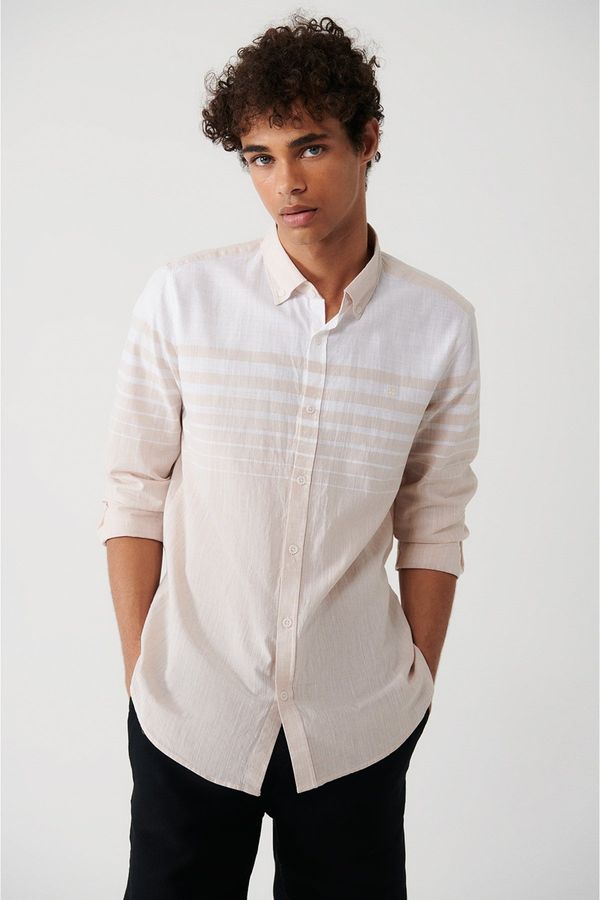 Avva Avva Men's Beige 100% Cotton Button Collar Linen Look Block Striped Slim Fit Slim Fit Shirt