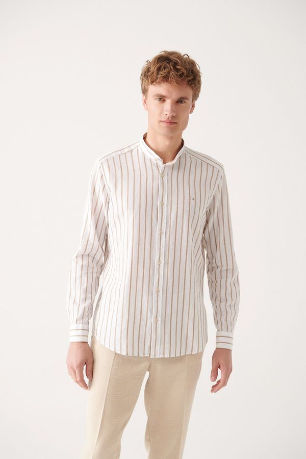 Avva Avva Men's Beige Classic Collar Striped Linen Cotton Slim Fit Slim Fit Shirt