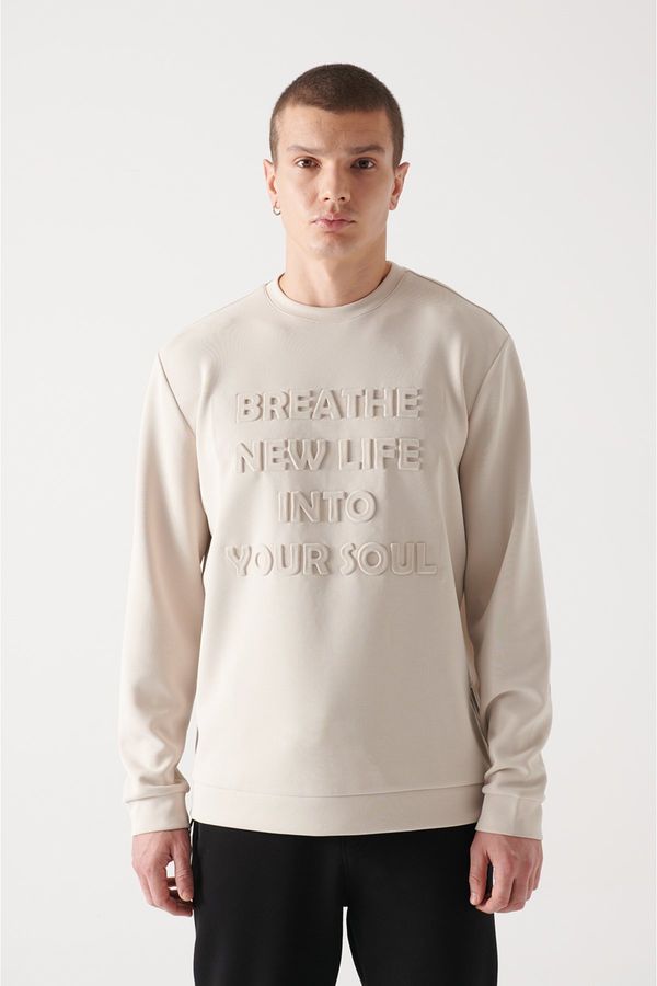 Avva Avva Men's Beige Crew Neck Soft Touch Relief Printed Regular Fit Sweatshirt