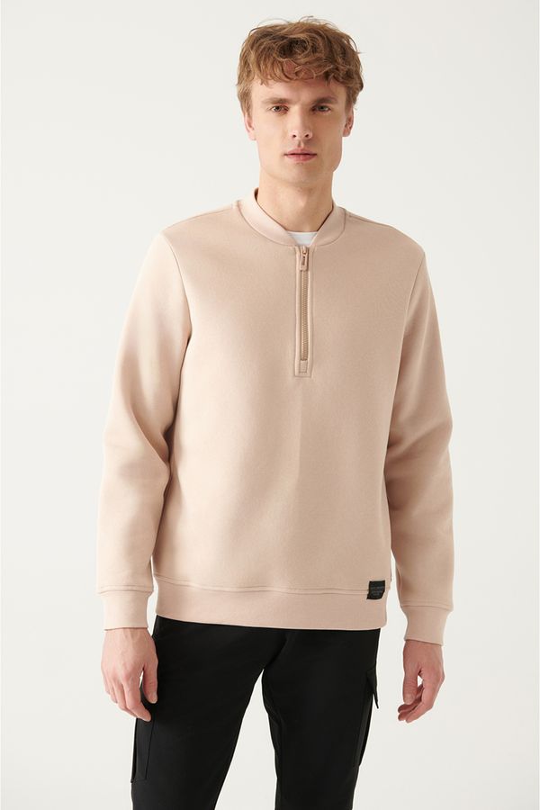 Avva Avva Men's Beige Half Zipper Cotton Standard Fit Regular Cut Sweatshirt