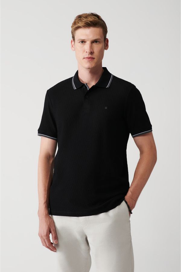 Avva Avva Men's Black 100% Cotton Jacquard Standard Fit Normal Cut 2 Buttons Polo Neck T-shirt