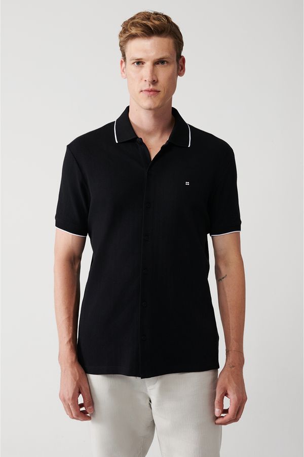 Avva Avva Men's Black 100% Cotton Ribbed Jacquard Short Sleeve Knitted Regular Fit Shirt