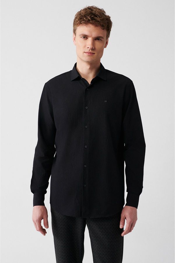 Avva Avva Men's Black Classic Collar See-through See-through Cotton Slim Fit Slim Fit Shirt