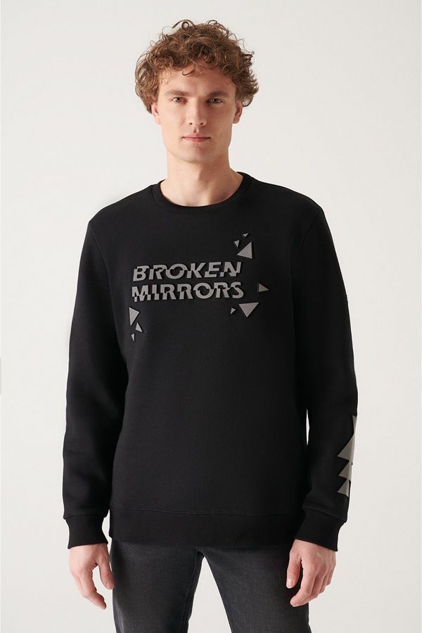 Avva Avva Men's Black Crew Neck 3 Thread Fleece Reflective Regular Fit Sweatshirt