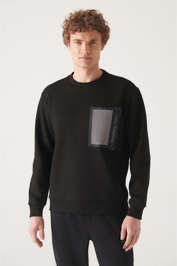 Avva Avva Men's Black Crew Neck Fleece 3 Thread Reflective Regular Fit Sweatshirt
