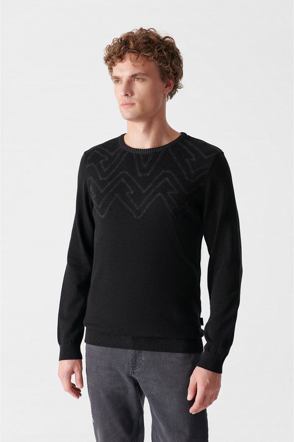 Avva Avva Men's Black Crew Neck Jacquard Sweater