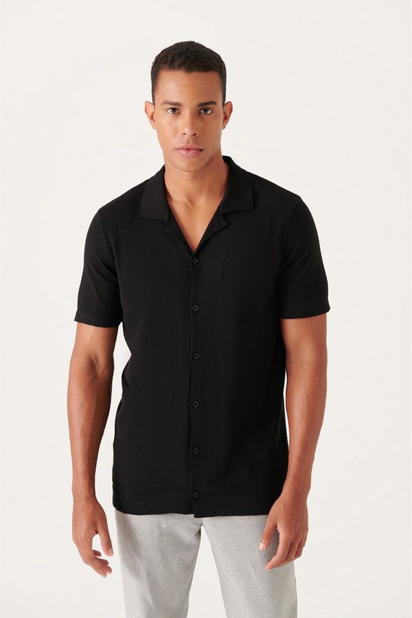 Avva Avva Men's Black Cuban Collar Buttoned Standard Fit Normal Cut Knitwear T-shirt