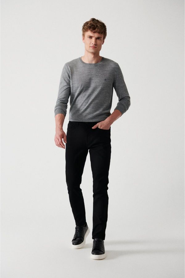 Avva Avva Men's Black Dobby Flexible 5 Pockets Slim Fit Slim Fit Canvas Trousers