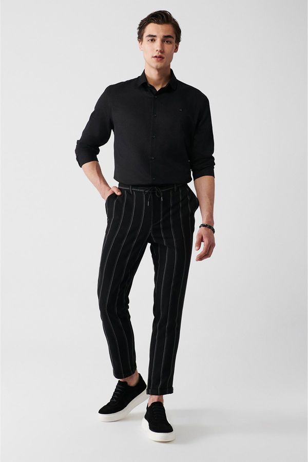 Avva Avva Men's Black Elastic Back Waist Double Cuff Striped Flexible Relaxed Fit Casual Fit Jogger Trousers