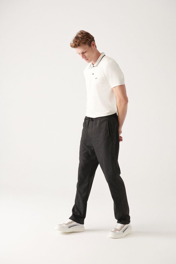 Avva Avva Men's Black Elastic Waist Laced Striped Flexible Relaxed Fit Casual Fit Jogger Trousers