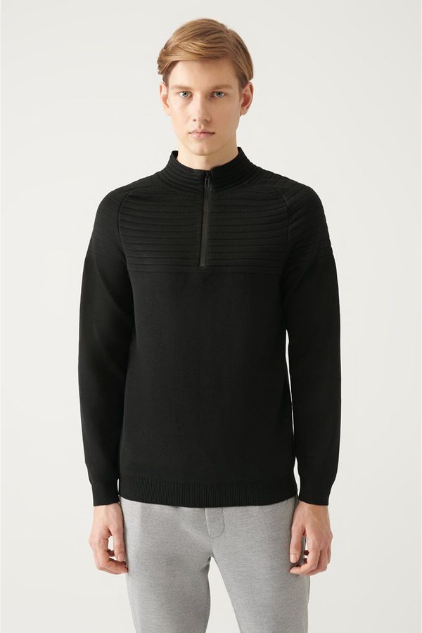Avva Avva Men's Black Half Zipper Stand Collar Knit Detailed Cotton Standard Fit Regular Cut Knitwear Sweater