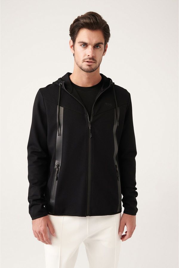 Avva Avva Men's Black Interlock Fabric Hooded Collar Zippered Printed Standard Fit Regular Fit Sweatshirt