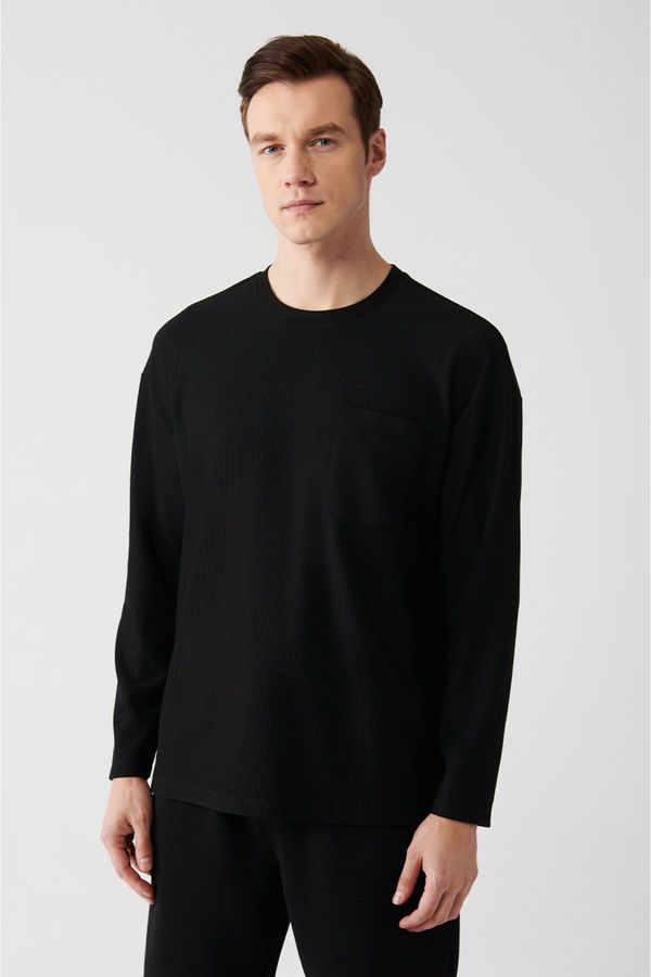 Avva Avva Men's Black Oversize No-iron Jacquard Long Sleeved T-shirt with Pocket