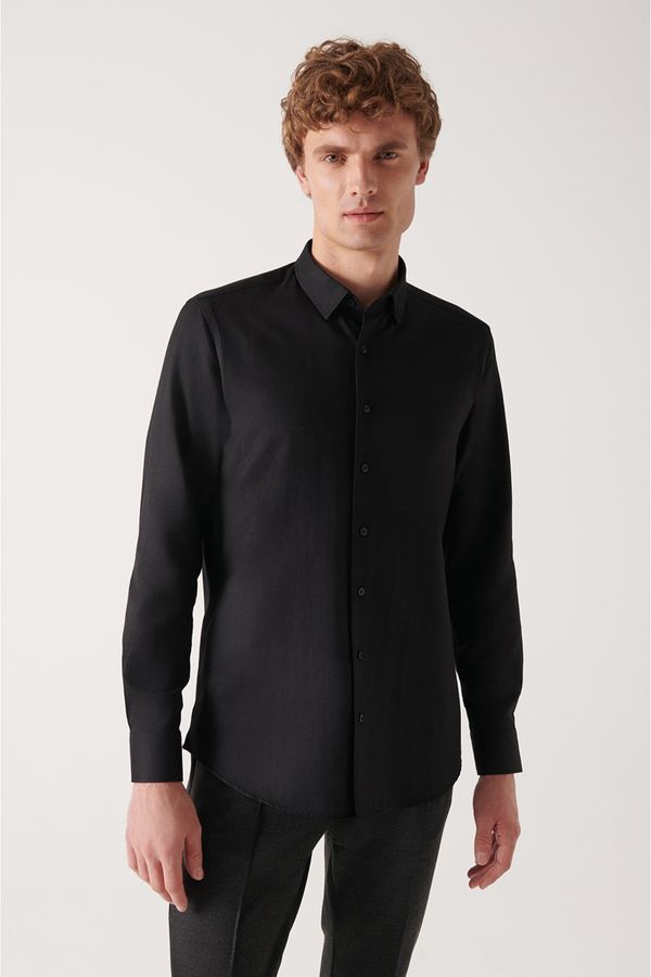 Avva Avva Men's Black Oxford Bottom Brit Collar Slim Fit Slim Fit Shirt