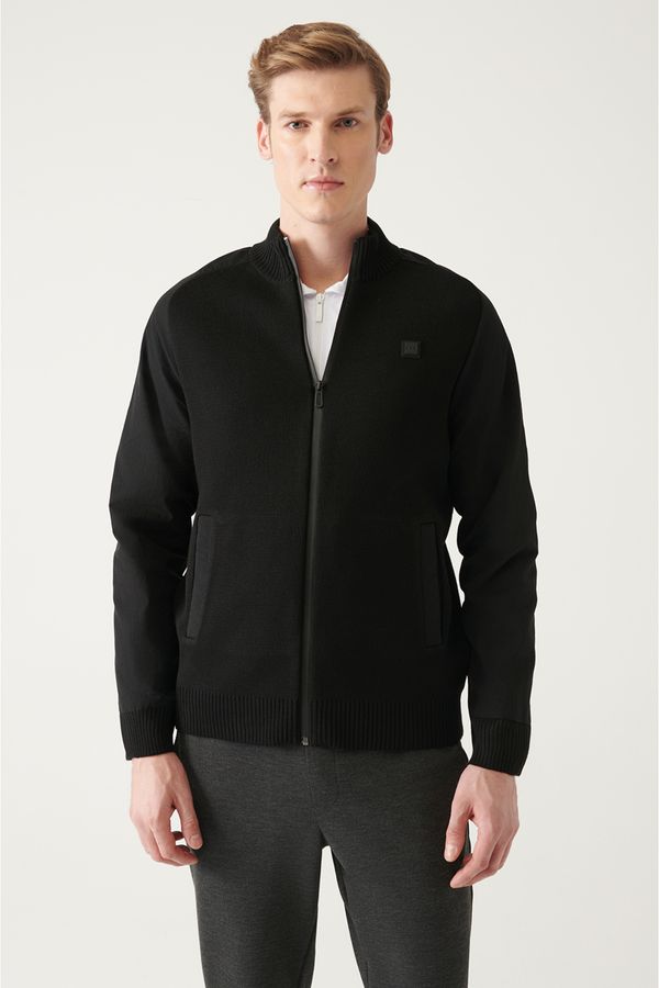 Avva Avva Men's Black Wool Blended Sleeve Parachute Fabric Detailed Zippered Standard Fit Regular Cut Cardigan Coat
