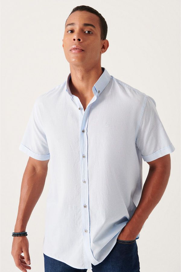 Avva Avva Men's Blue Buttoned Collar 100% Cotton Thin Short Sleeve Regular Fit Shirt