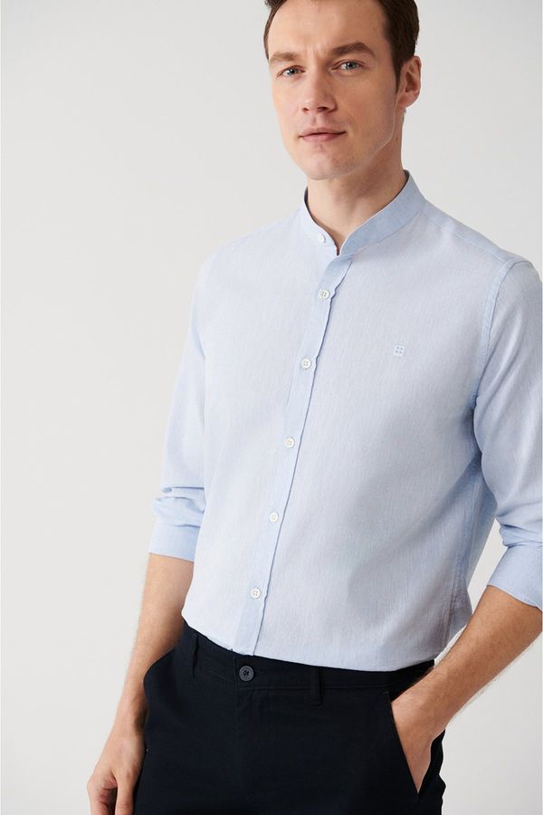 Avva Avva Men's Blue Large Collar Linen Blended Standard Fit Normal Cut Shirt
