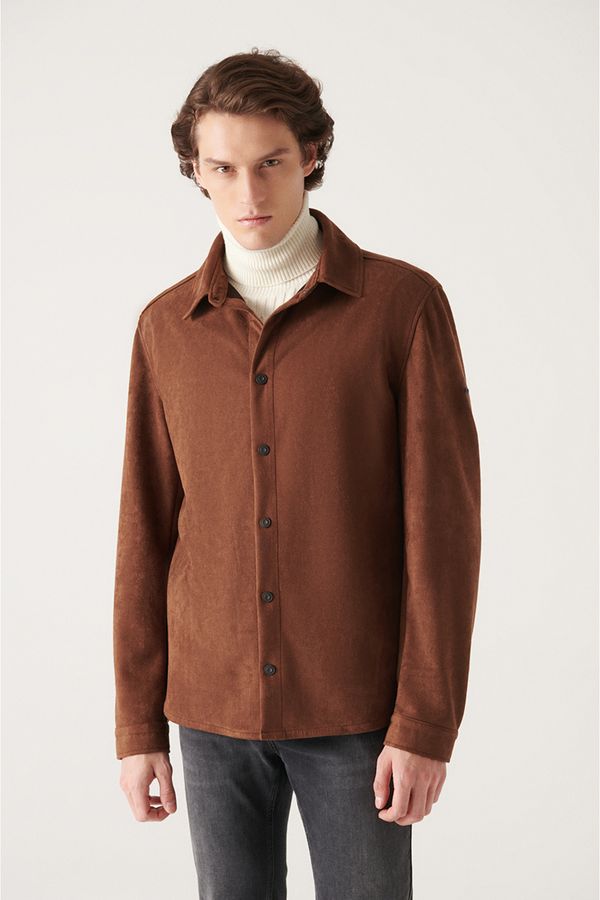 Avva Avva Men's Brown Faux Suede Comfort Fit Shirt with Snap fastener