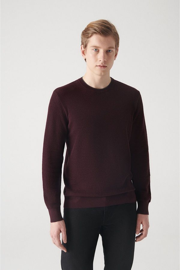 Avva Avva Men's Burgundy Double Collar Detailed Textured Cotton Standard Fit Regular Cut Knitwear Sweater