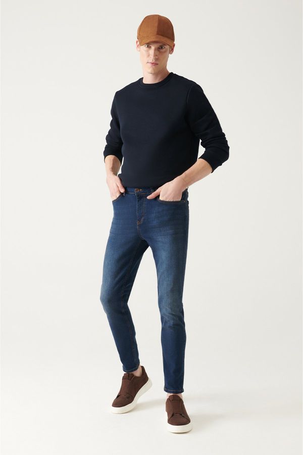 Avva Avva Men's Dark Blue Worn Washed Flexible Extra Slim Fit Slim Fit Jeans