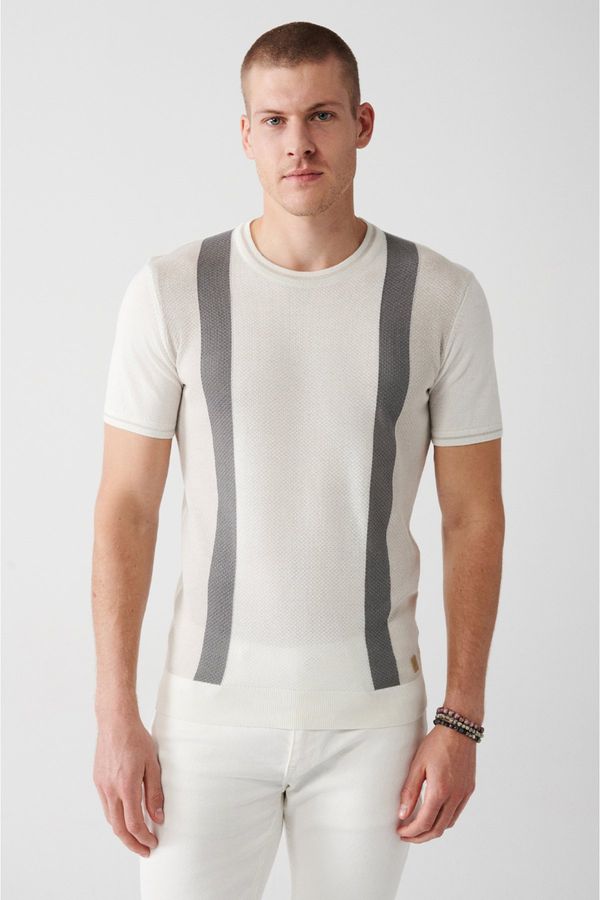 Avva Avva Men's Ecru Crew Neck Color Block Ribbed Standard Fit Normal Cut Knitwear T-shirt
