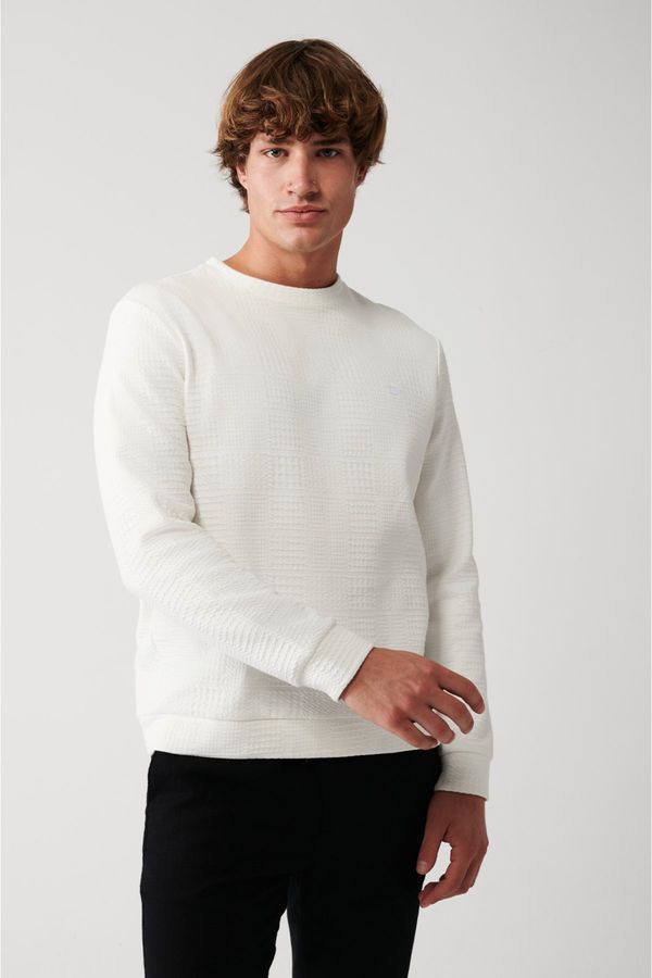 Avva Avva Men's Ecru Crew Neck Cotton Jacquard Regular Fit Sweatshirt