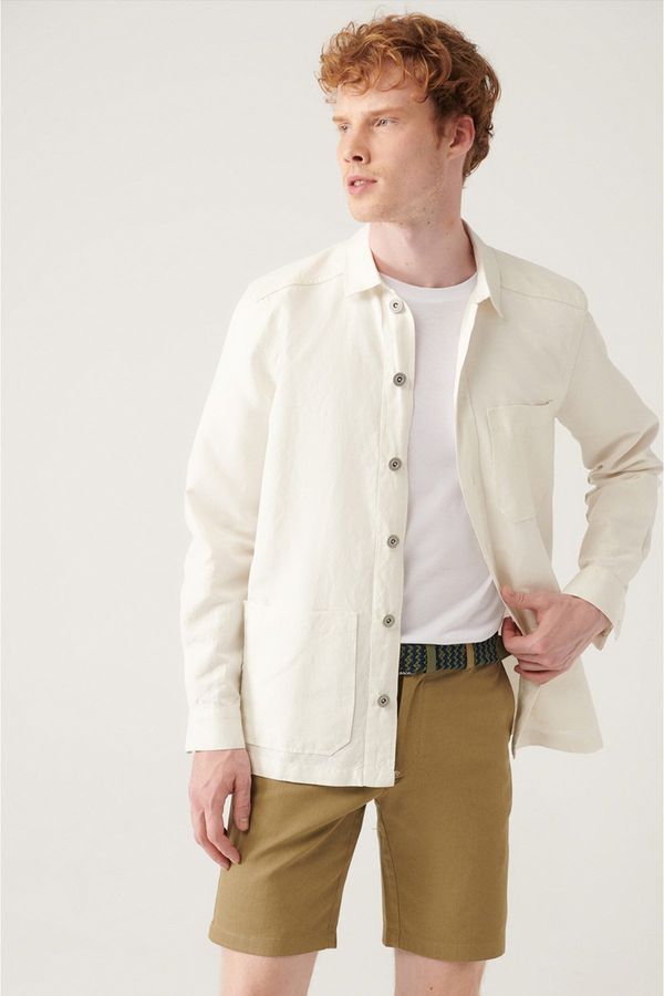 Avva Avva Men's Ecru Plain Three Pockets Linen Jacket Shirt