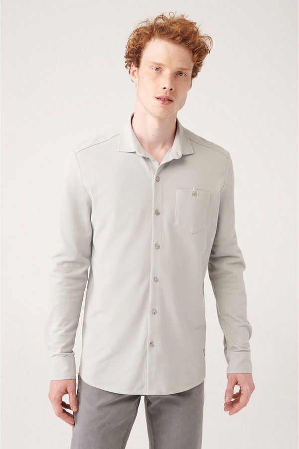 Avva Avva Men's Gray 100% Cotton Classic Collar Pocket Regular Fit Knitted Shirt