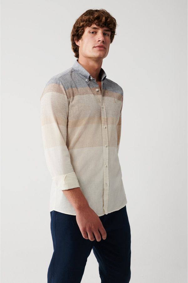 Avva Avva Men's Gray Cotton Linen Blend Buttoned Collar Striped Slim Fit Slim Fit Shirt