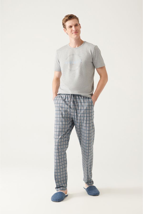 Avva Avva Men's Gray Crew Neck 100% Cotton Special Boxed Short Sleeve Pajamas Set