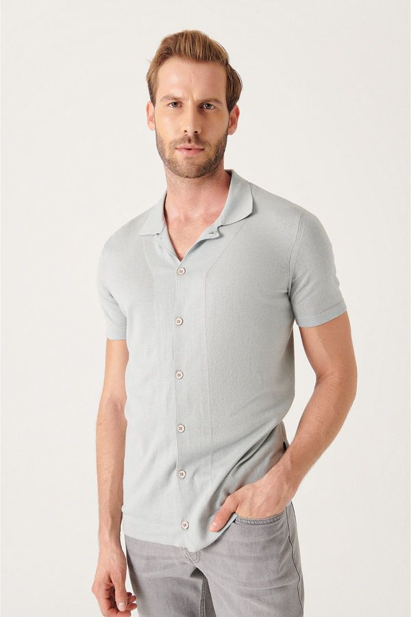 Avva Avva Men's Gray Cuban Collar Buttoned Standard Fit Normal Cut Knitwear T-shirt