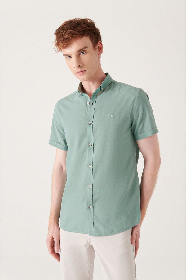Avva Avva Men's Green Buttoned Collar 100% Cotton Thin Short Sleeve Regular Fit Shirt