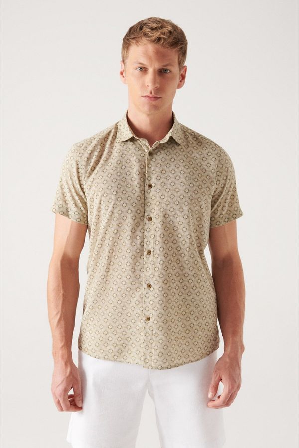 Avva Avva Men's Khaki Geometric Printed Short Sleeve Cotton Shirt