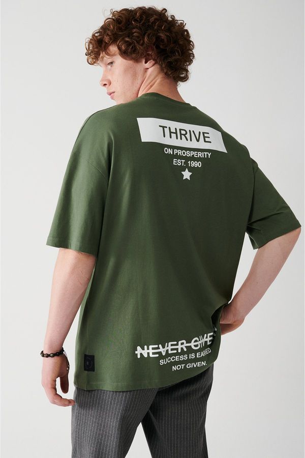Avva Avva Men's Khaki Oversize 100% Cotton Crew Neck Front And Back Printed T-shirt