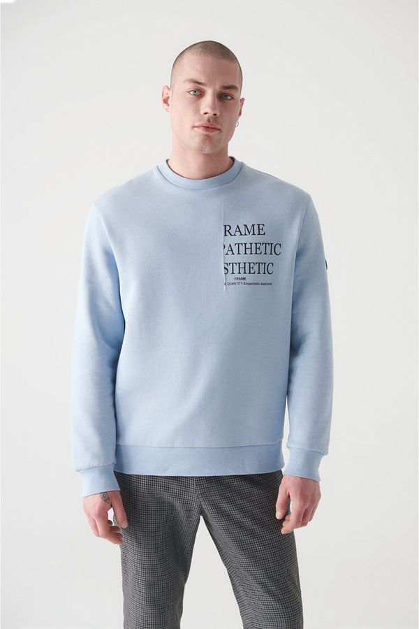 Avva Avva Men's Light Blue Crew Neck Printed 3 Thread Fleece Regular Fit Sweatshirt